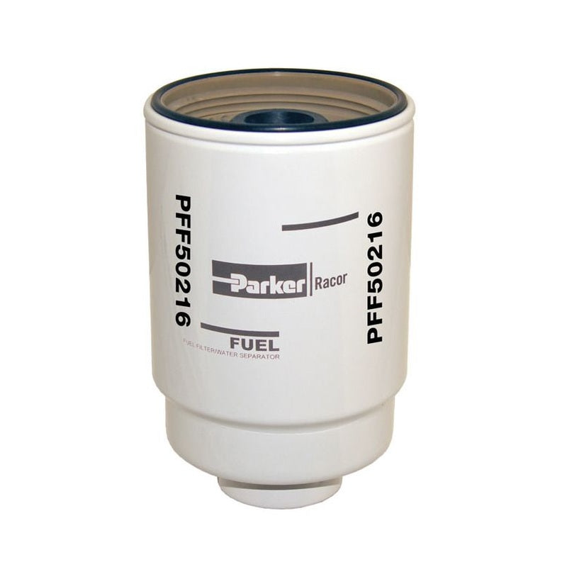 A Racor fuel filter with white body and black detailing, labeled PFF50216.