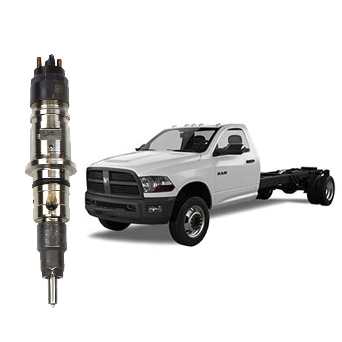 A remanufactured Bosch fuel injector alongside a Dodge Cummins 6.7L diesel engine fuel injection system diagram