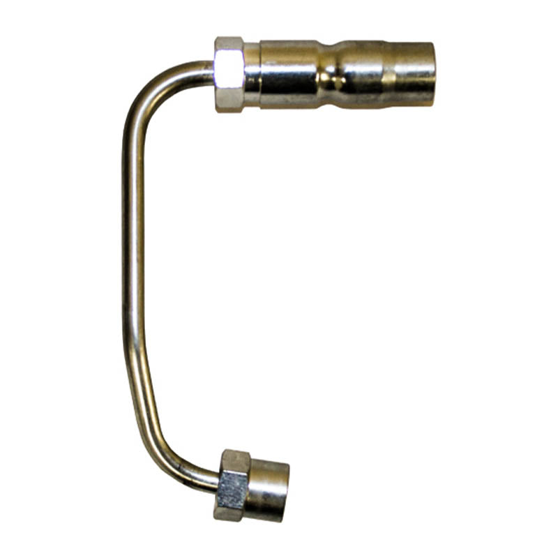 A metal duramax injection line cylinder with a connector at one end.