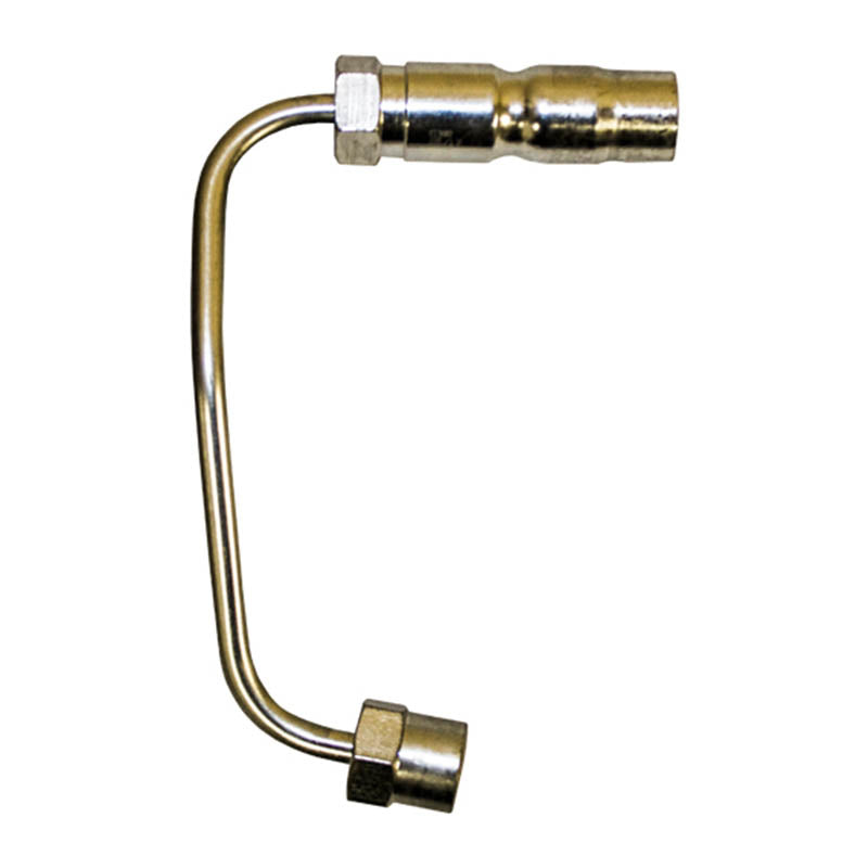 A gold-colored metal duramax injection line cylinder with a U-shaped design and a connector at one end.