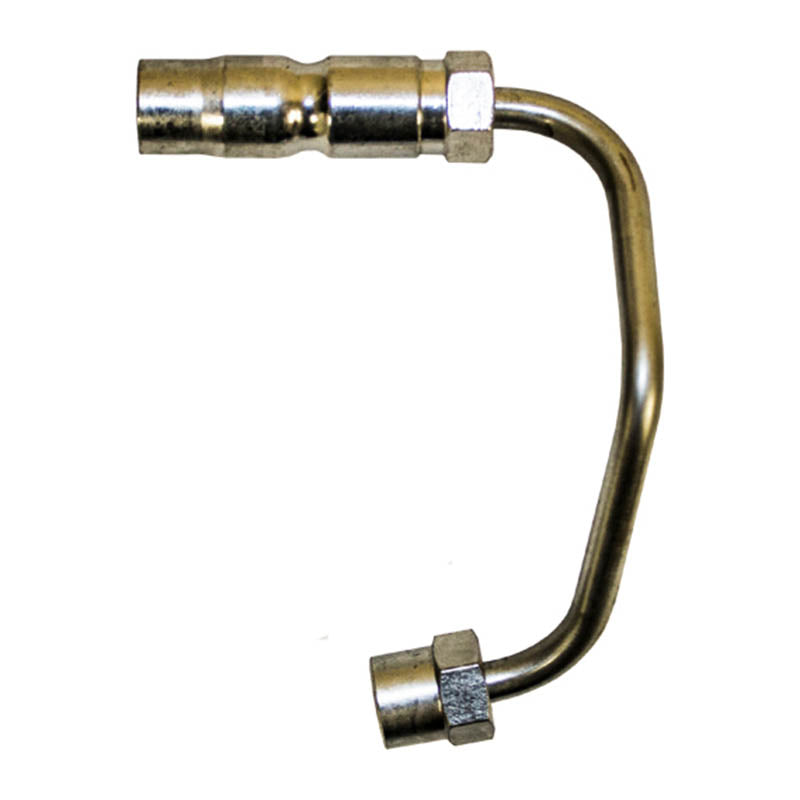 A metal duramax injection line cylinder with a bend and two connectors at the ends.