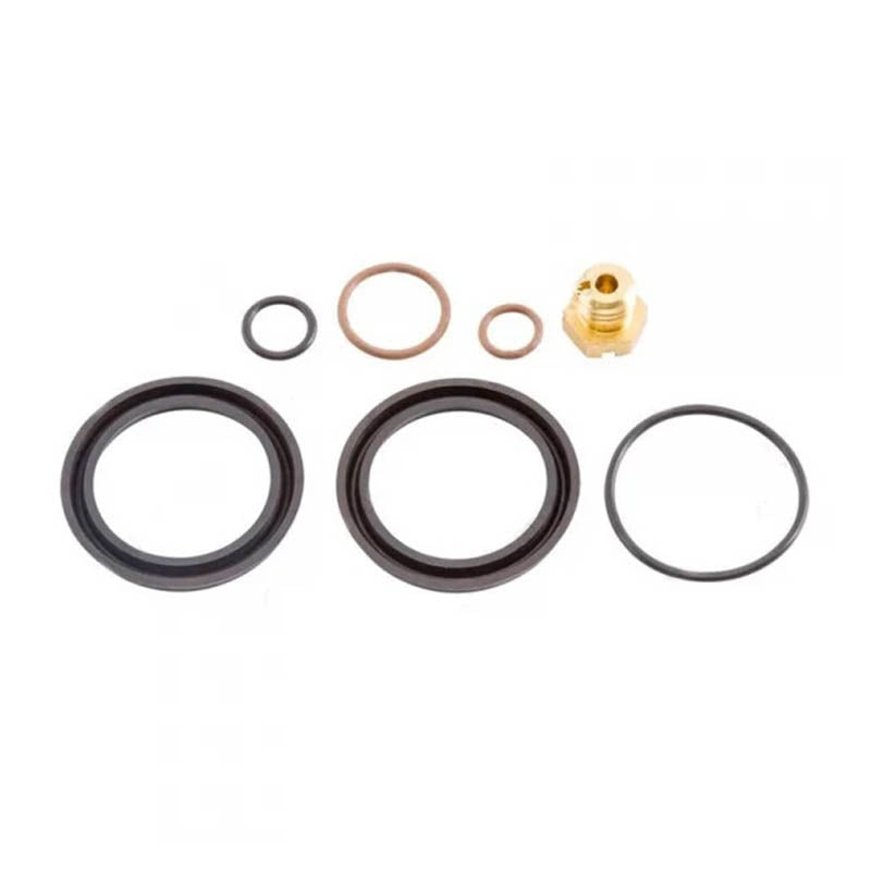 A set of various seals and a brass connector piece, likely for a fuel filter reseal kit.