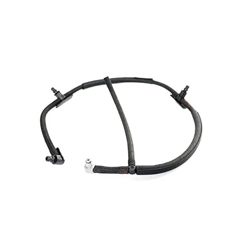 A Duramax fuel injection return line, primarily black in color, with metal connectors.