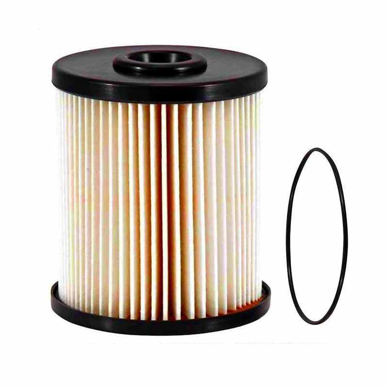 A diesel fuel filter with a black top and beige pleated filter media, plus a rubber gasket