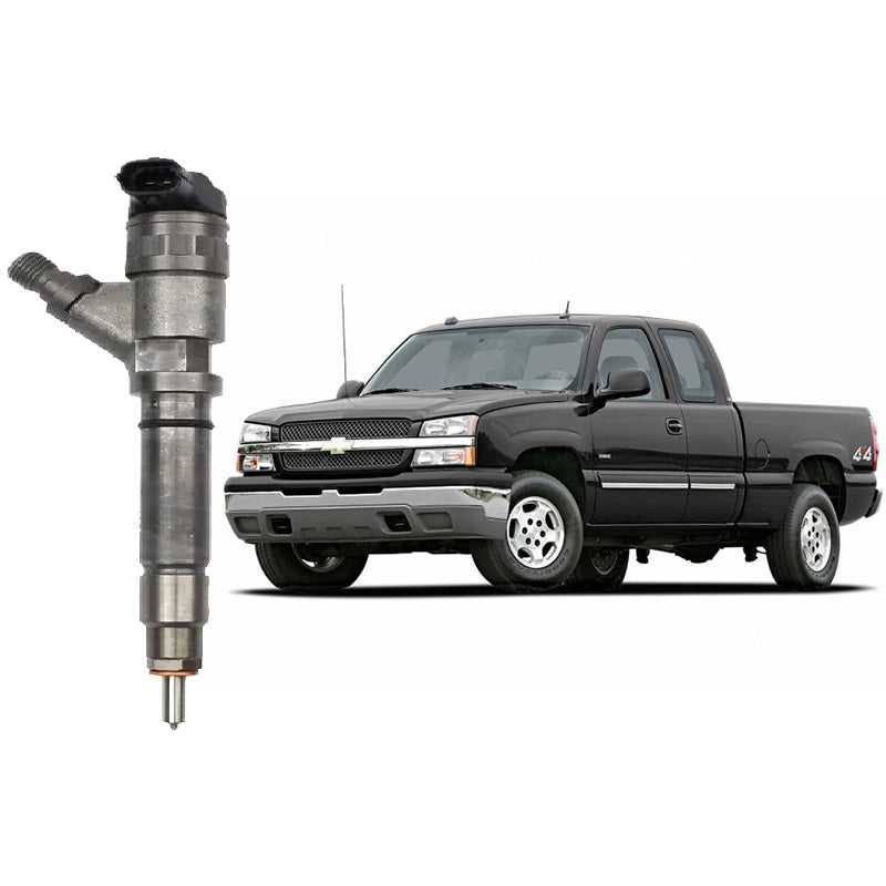 A remanufactured Bosch fuel injector alongside a Duramax fuel injector, with a black pickup truck in the background.