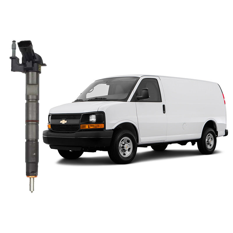 A remanufactured Bosch fuel injector alongside a white Chevrolet Express van.