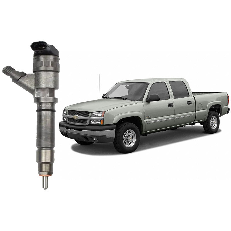 A remanufactured Bosch Duramax fuel injector alongside a light gray pickup truck depicted behind it.